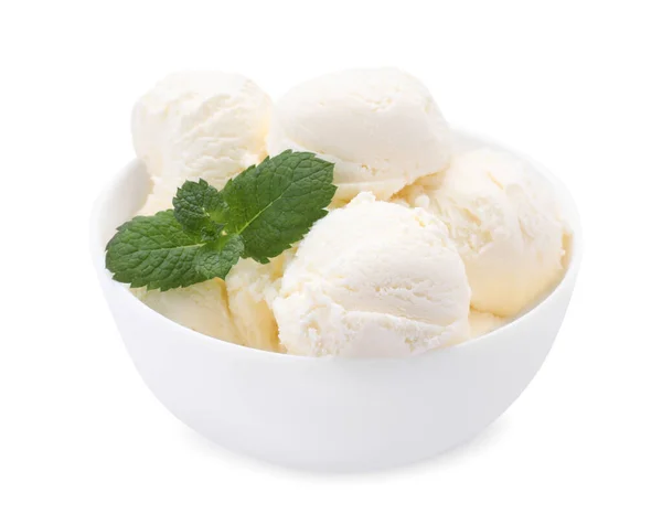 Νόστιμο Παγωτό Βανίλια Και Μέντα Μπολ Που Απομονώνονται Λευκό — Φωτογραφία Αρχείου