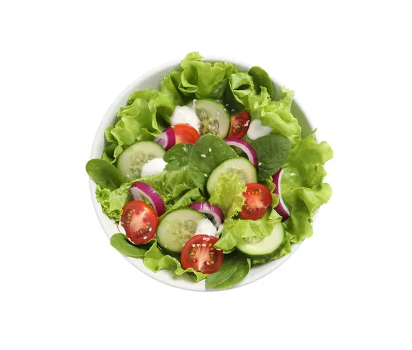 Köstlicher Salat Schüssel Isoliert Auf Weiß Von Oben — Stockfoto