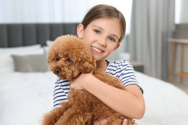 Evinde şirin bir köpek yavrusu olan küçük bir çocuk. Sevimli hayvan