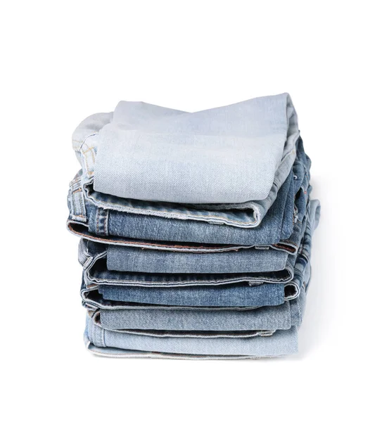Stack Different Folded Jeans Isolated White — Stock Photo, Image