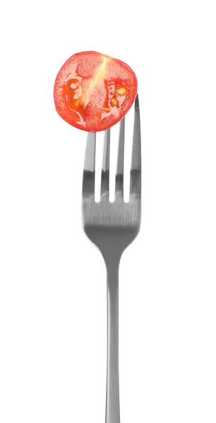 Fourchette Avec Moitié Tomate Cerise Isolée Sur Blanc — Photo