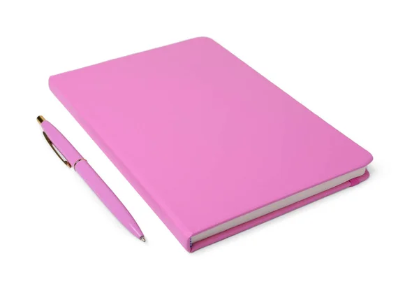 Κλειστό Ροζ Σημειωματάριο Γραφείου Και Στυλό Λευκό Φόντο — Φωτογραφία Αρχείου