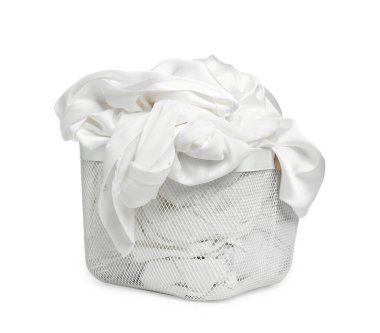 Laundry basket with clean clothes isolated on white