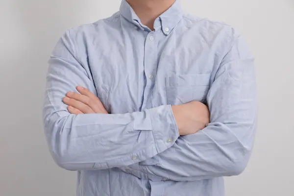Man Wearing Rumpled Shirt White Background Closeup — Stock Photo, Image