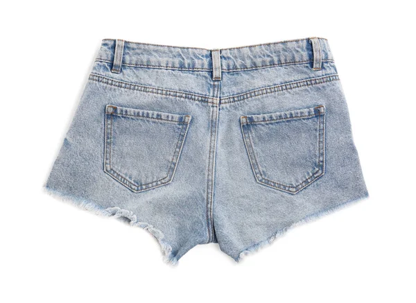 Light Blue Jean Shorts Isolated White Top View Stylish Clothes — Stock Photo, Image