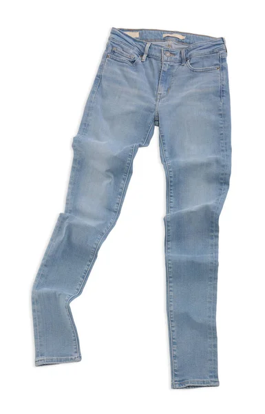 Stijlvolle Lichtblauwe Jeans Geïsoleerd Wit Bovenaanzicht — Stockfoto