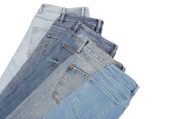 Verschillende Stijlvolle Jeans Geïsoleerd Wit Bovenaanzicht — Stockfoto