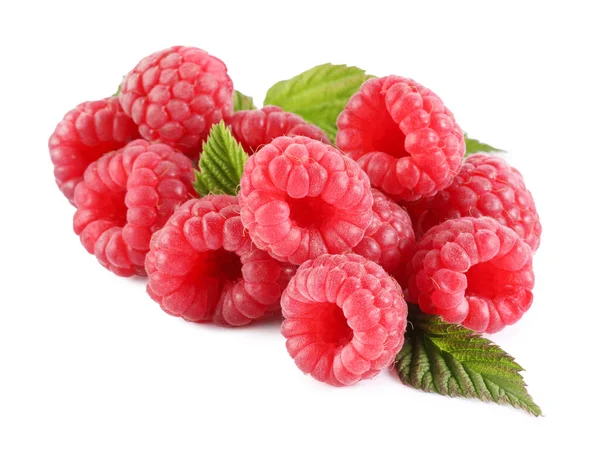 Many Fresh Ripe Raspberries Green Leaves Isolated White — Stock Photo, Image