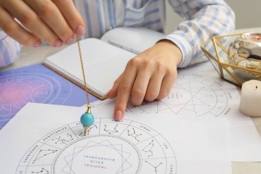 Astrolog, masadaki kader tahmini için zodyak tekerleği ve sarkaç kullanıyor. Yakın plan. Falcı.