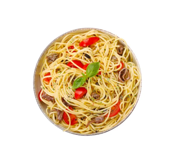 Läcker Pasta Med Ansjovis Tomater Och Kryddor Isolerade Vit Ovanifrån — Stockfoto