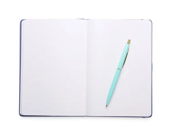 Aperto Notebook Ufficio Vuoto Penna Isolato Bianco Vista Dall Alto — Foto Stock