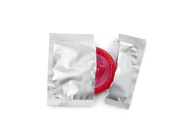 Condom Torn Package White Background Top View Safe Sex — Stock Photo, Image