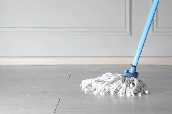 Cleaning Parquet Floor Mop Indoors Space Text — Stock Photo, Image