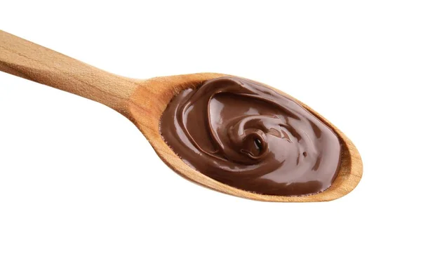 Cucchiaio Legno Con Deliziosa Pasta Cioccolato Isolata Bianco — Foto Stock