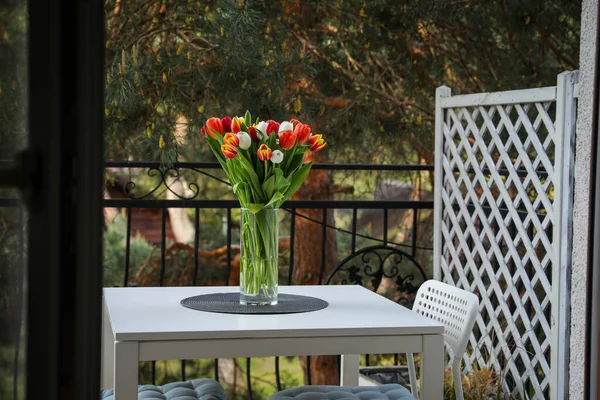 Beautiful Colorful Tulips Glass Vase White Table Balcony — Stock Photo, Image