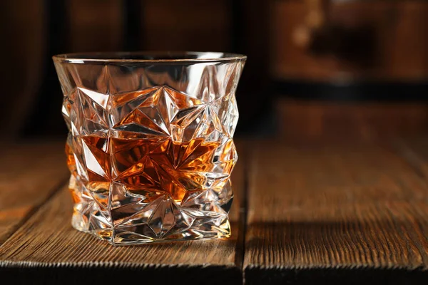 Glass Tasty Whiskey Wooden Table Closeup Space Text — Stock Photo, Image