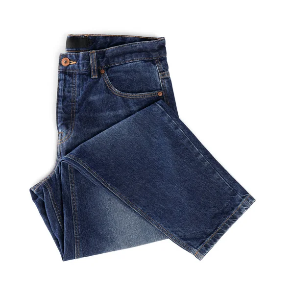 Calça Jeans Azul Escuro Elegante Isolado Branco Vista Superior — Fotografia de Stock