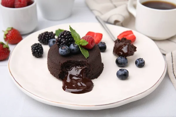 Plate Delicious Chocolate Fondant Berries Mint White Table Closeup — Stock Photo, Image