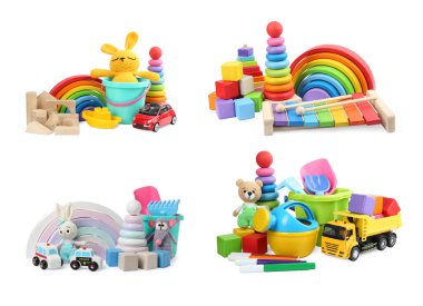 Beyazlar üzerinde izole edilmiş farklı çocuk oyuncakları.