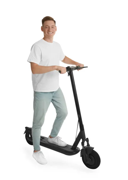 Beyaz Arka Planda Modern Elektrikli Scooter Kullanan Mutlu Bir Adam — Stok fotoğraf