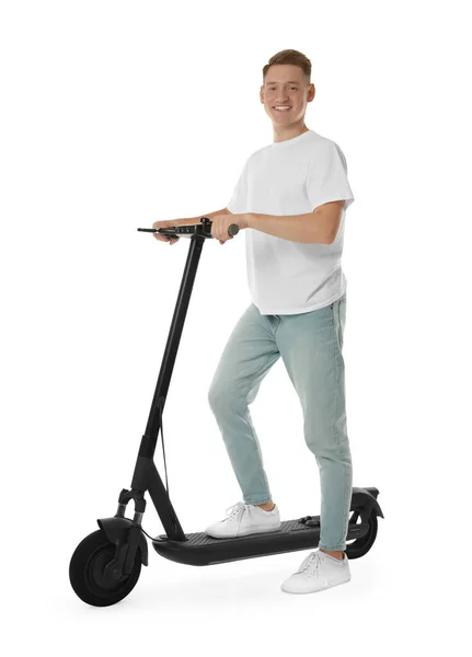 Homem Feliz Com Moderno Scooter Elétrico Pontapé Fundo Branco — Fotografia de Stock