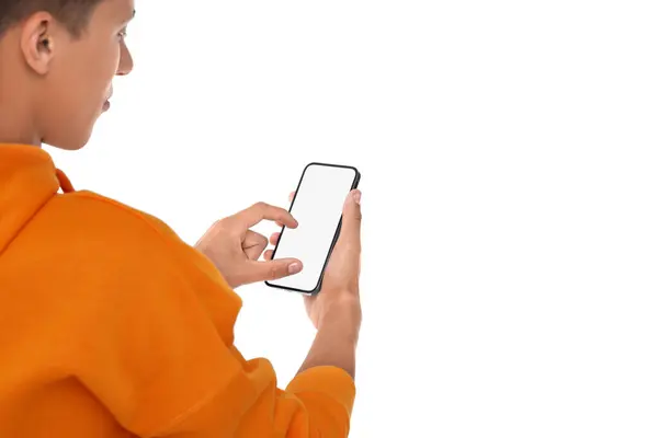 Man Using Phone Blank Screen White Background Closeup — Stock Photo, Image