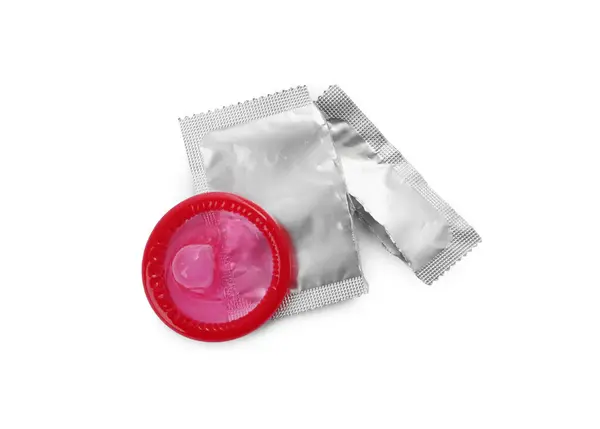 Розпакований Презерватив Пакет Білому Тлі Вид Зверху Безпечний Секс — стокове фото