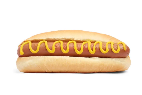Hot Dog Lezat Dengan Mustard Dengan Latar Belakang Putih — Stok Foto