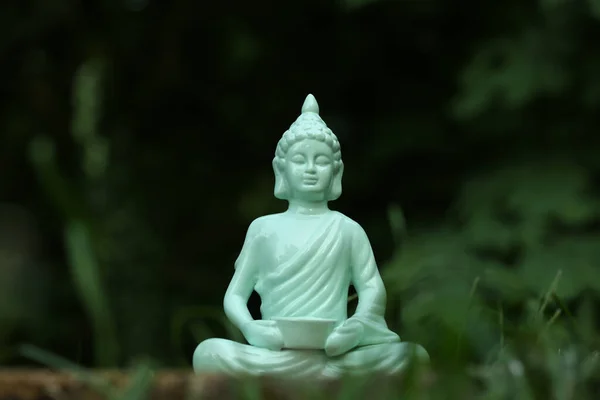 Gyönyörű Dekoratív Buddha Szobor Elmosódott Háttér Szabadban — Stock Fotó
