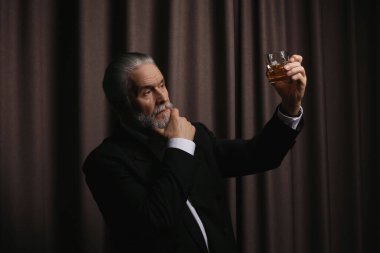 Resmi takım elbiseli kıdemli bir adam elinde bir bardak viski ve kahverengi arka planda buz tutuyor.