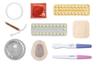 Oral contraceptives, patches, vaginal ring, condom, intrauterine device and ovulation tests isolated on white, collage. Different birth control methods clipart