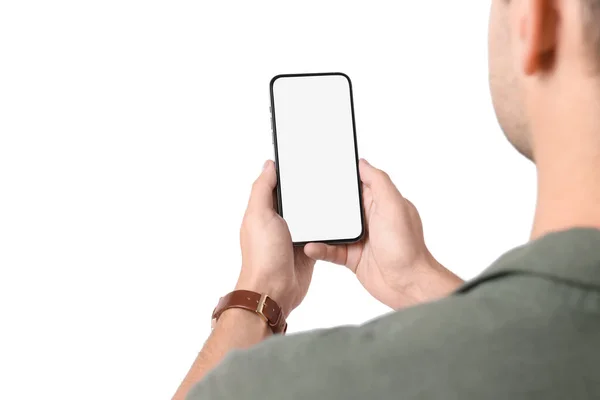 Man Holding Smartphone Blank Screen White Background Closeup Mockup Design — Stock Photo, Image