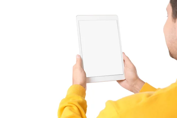 Man Met Tablet Met Blanco Scherm Witte Achtergrond Close Mockup — Stockfoto