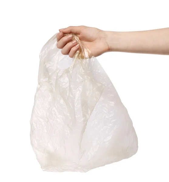 Woman Holding Empty Plastic Bag White Background Closeup — Stock Photo, Image