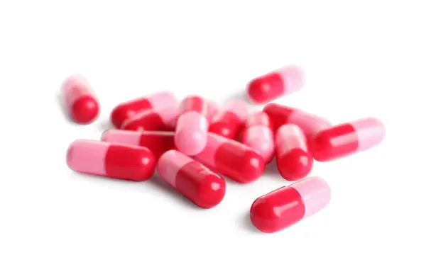 Many Pink Pills Isolated White Medicinal Treatment — Stock Photo, Image