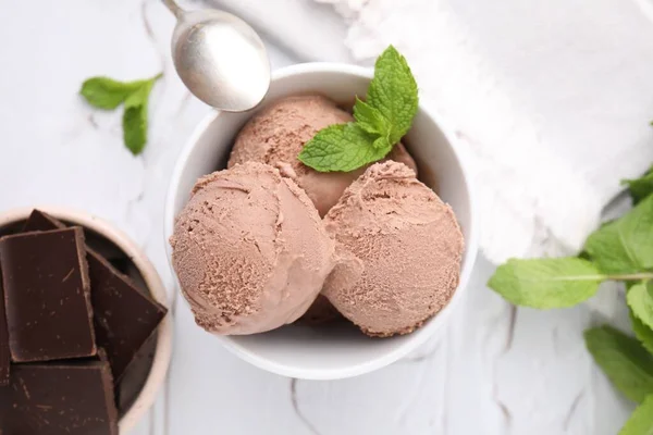 Bowl Tasty Chocolate Ice Cream Mint Leaves White Table Flat — Stock Photo, Image