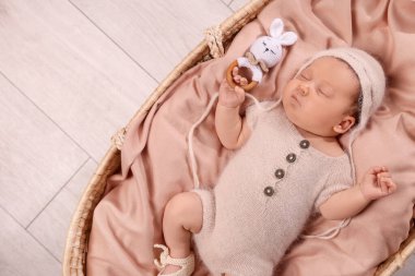 Cute newborn baby sleeping with rattle in wicker crib indoors, top view. Space for text clipart