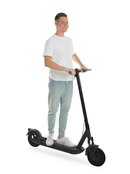 Hombre Feliz Montando Scooter Eléctrico Moderno Sobre Fondo Blanco —  Fotos de Stock