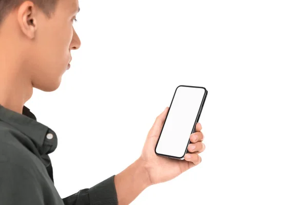 Man Holding Phone Blank Screen White Background Closeup Mockup Design — Stock Photo, Image