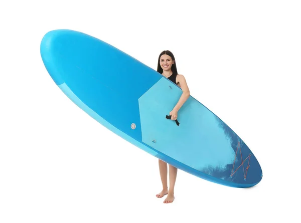 Glückliche Frau Mit Blauem Sup Board Auf Weißem Hintergrund — Stockfoto