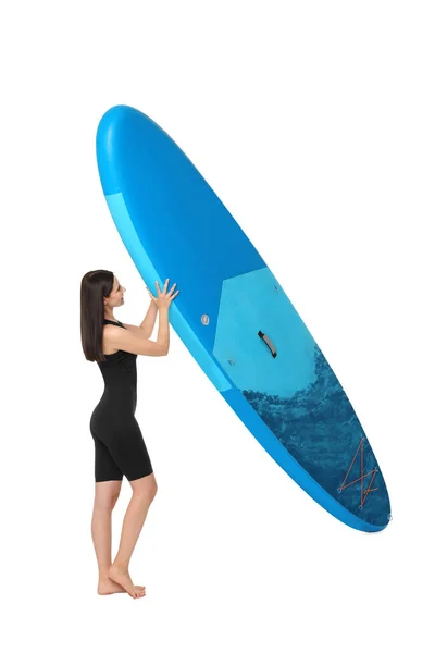 白い背景に青いSupボードを持つ女性 — ストック写真