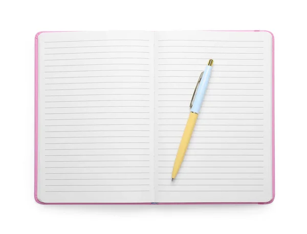 Open Blank Office Notebook Pen Isolated White Top View — Stock Photo, Image