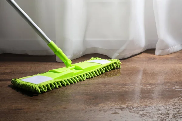 Cleaning Parquet Floor Mop Closeup Space Text — Stock Photo, Image