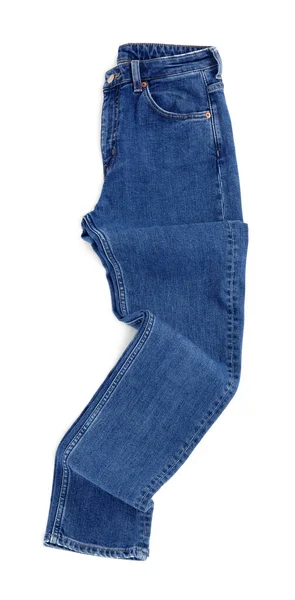 Calça Jeans Azul Escuro Enrugada Isolada Branco Vista Superior Roupas — Fotografia de Stock
