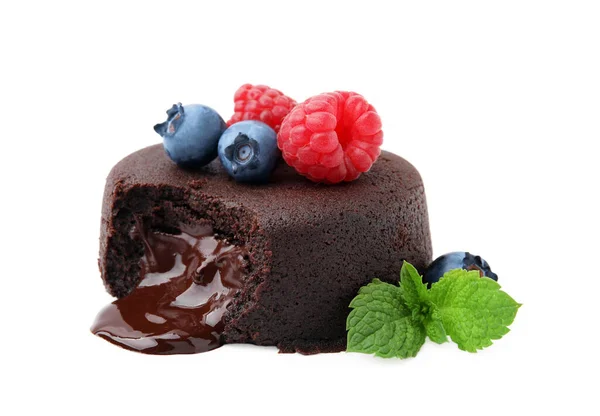Delicious Chocolate Fondant Berries Mint Isolated White — Stock Photo, Image