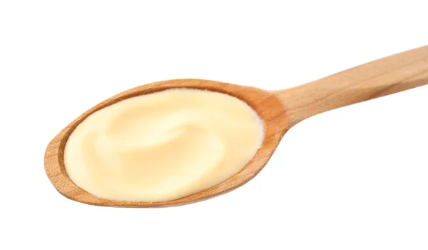 Colher Madeira Com Delicioso Molho Queijo Isolado Branco — Fotografia de Stock