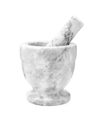 Beyaza izole edilmiş mermer topuzlu havan topu. Mutfak aletleri