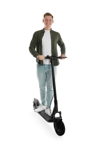 Hombre Feliz Montando Scooter Eléctrico Moderno Sobre Fondo Blanco — Foto de Stock