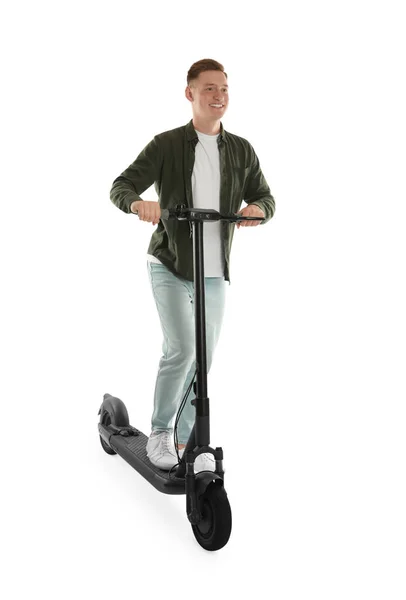 Happy Man Riding Modern Electric Kick Scooter White Background — Stock Photo, Image