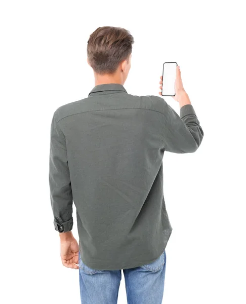 Man Holding Phone Blank Screen White Background Back View Mockup — Stock Photo, Image